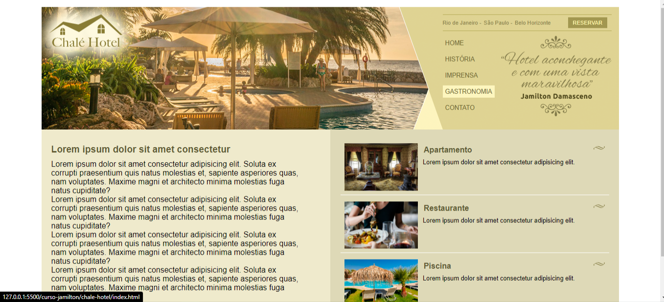 Imagem do site fictício de um chaleh hotel